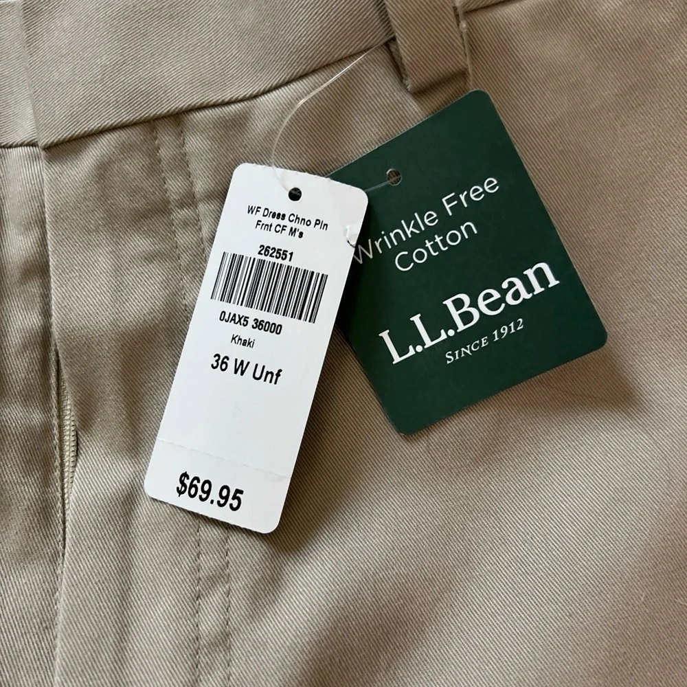 L.L. Bean Men 36 x 30 Khaki Wrinkle Free 5 Pocket Cotton Flat Front Dress Chino
